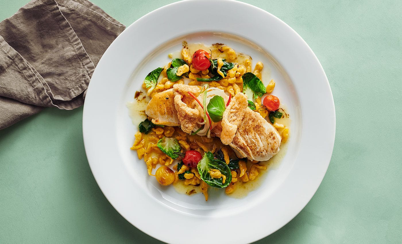 Seared Halibut With Pumpkin Basil Spaetzle | Sysco Foodie