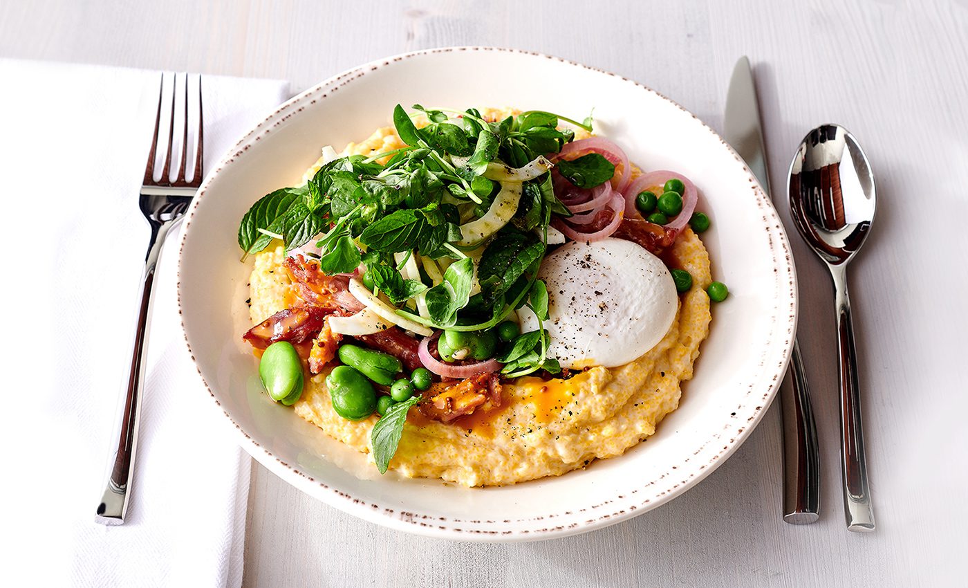 Cheesy Grits With Pulled Pork & Spring Vegetables | Sysco Foodie