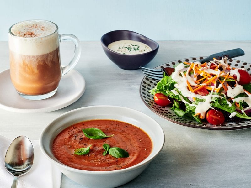 Three recipes that use non-dairy or alternative dairy beverages: an almond chai latte, vegan tomato soup and dairy-free ranch dressing.