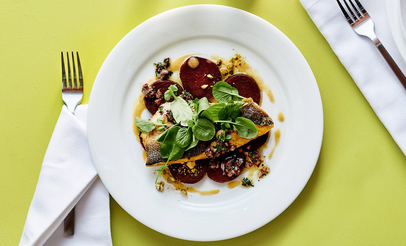 Branzino With Roasted Beets, Olive Tapenade and Pistachio Crumble | Sysco Foodie