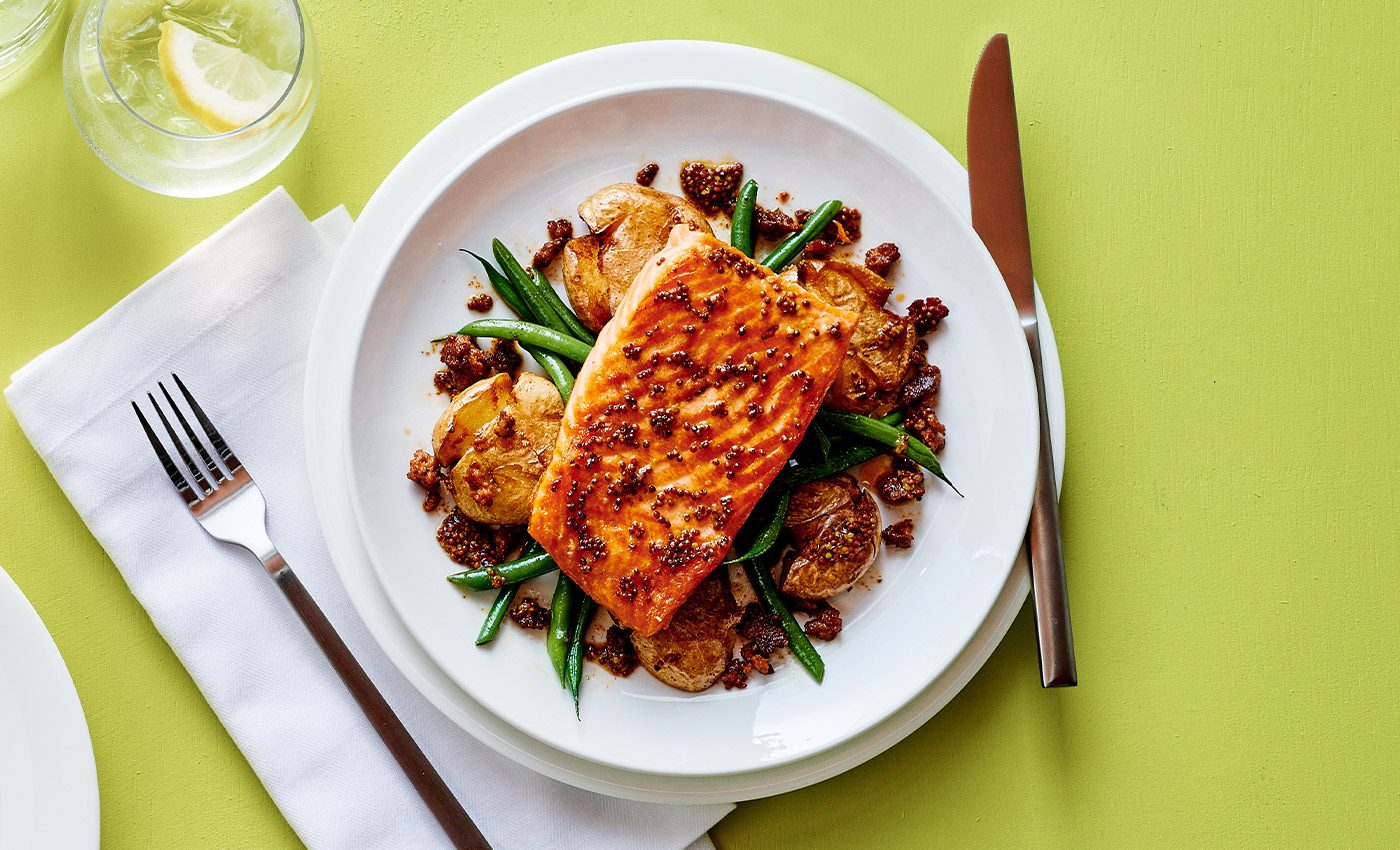 HoneyMustard Salmon and Smashed Potatoes Over Haricots Verts With