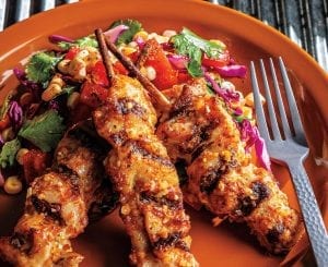 Aleppo Chicken Skewers With Red Cabbage and Corn Salad