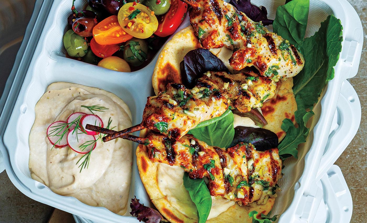 Lemon-Basil Chicken Skewers With White Bean Hummus and Olive-Tomato Salad