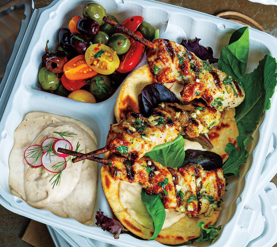 Lemon-Basil Chicken Skewers With White Bean Hummus and Olive-Tomato Salad