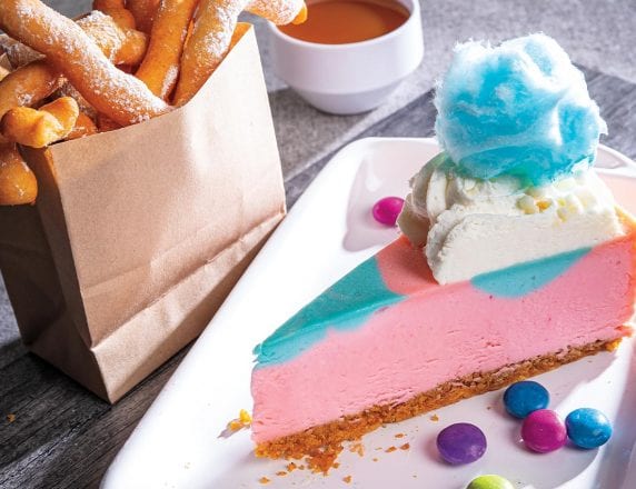 Cotton Candy Cheesecake With Funnel Cake Fries and Butterscotch Sauce