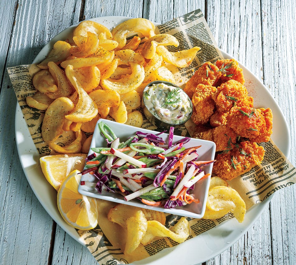 Buffalo-Spiced Fish and Twisted Chips