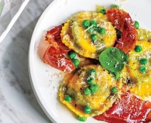 Burrata Cheese Ravioli With Speck and Peas