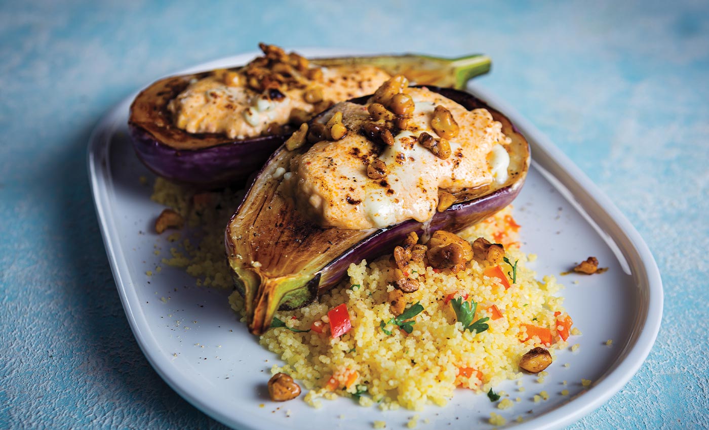 Feta-Stuffed Eggplant Over Red Pepper-Herb Couscous