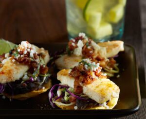 Alaska Halibut Tostada Bites With Pineapple Bacon Jam - Portico Seafood
