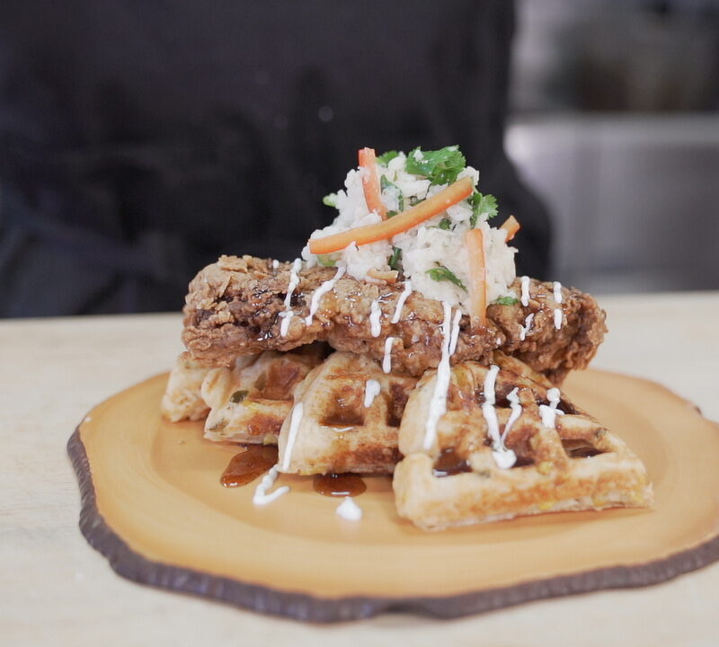Fried chicken and waffles with jicama slaw and cotija