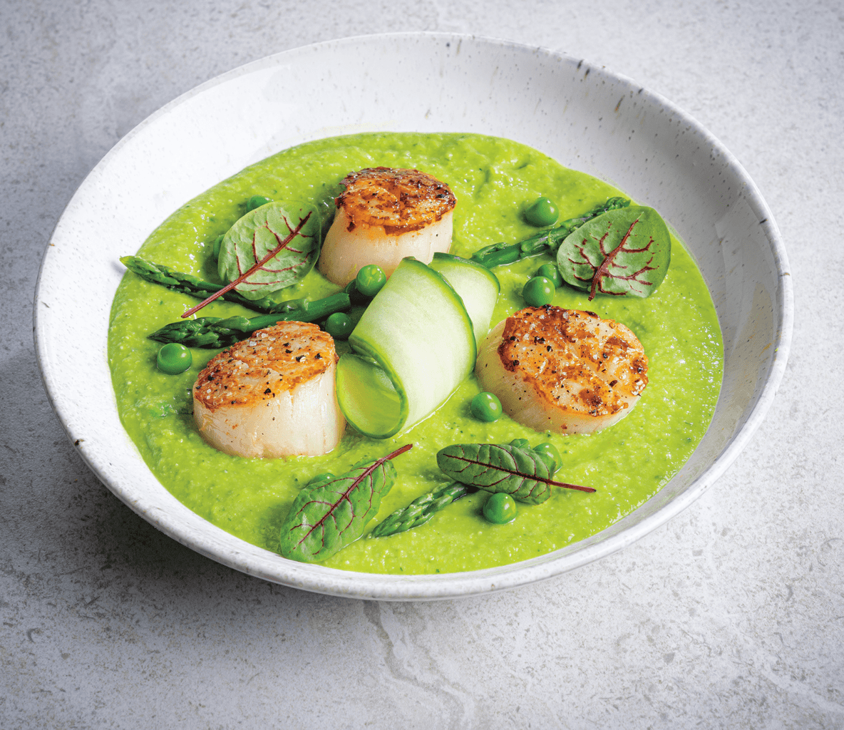 Scallops with Asparagus & English Pea Gazpacho | Sysco Foodie