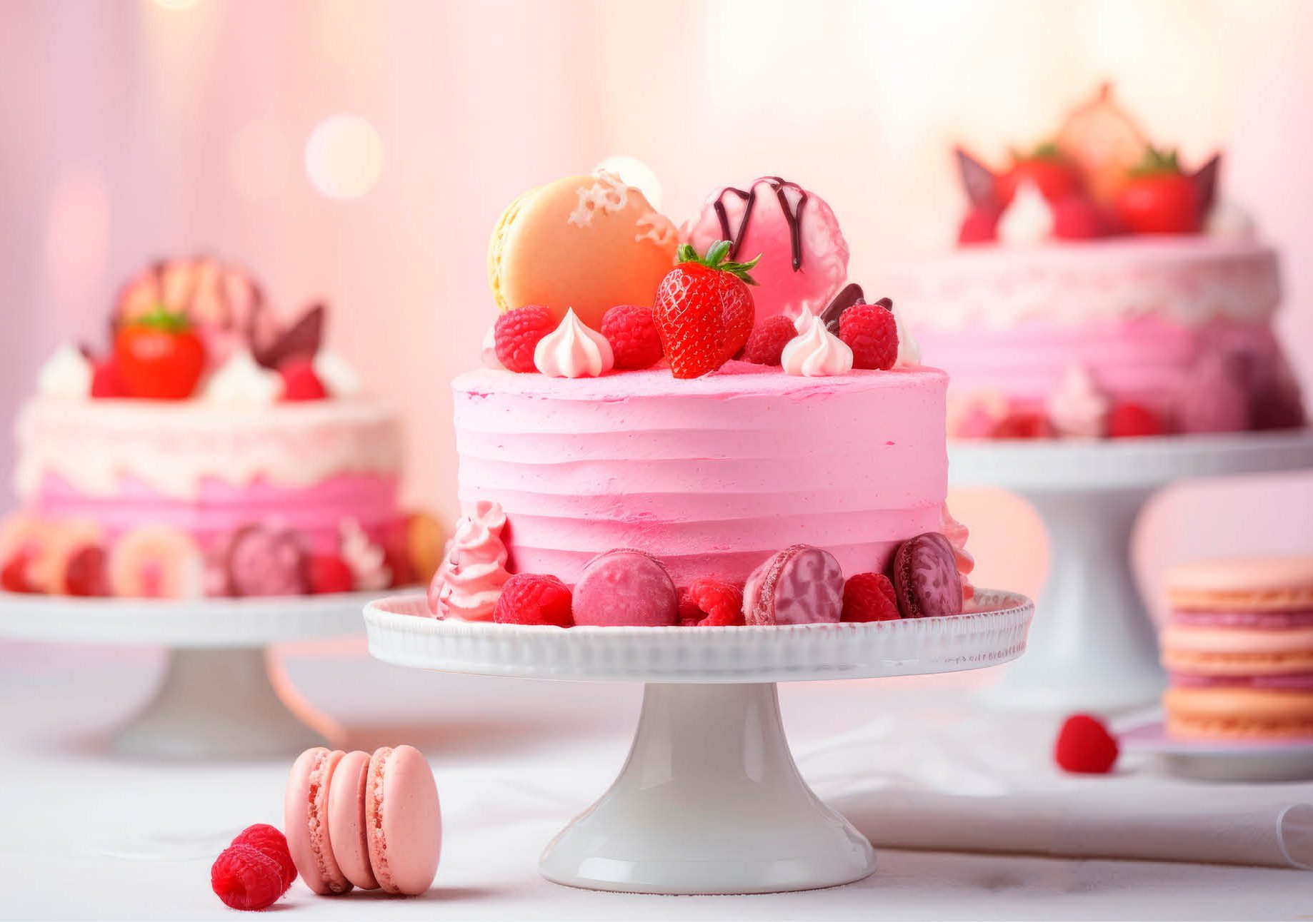 Delicious pink cake adorned with vibrant and fresh fruits on top, adding a burst of color and flavor to this delightful dessert. Perfect for celebrations and special occasions.)