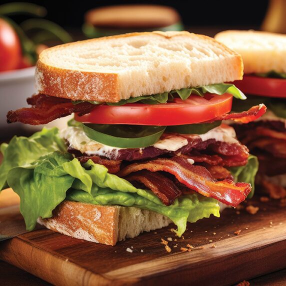 Tasty sandwich featuring lettuce, tomatoes, bacon, and cheese on a plate.